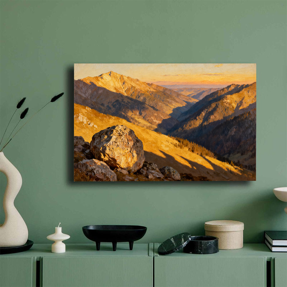 Golden Canyon Ridges canvas wall art, mockup on a green wall.