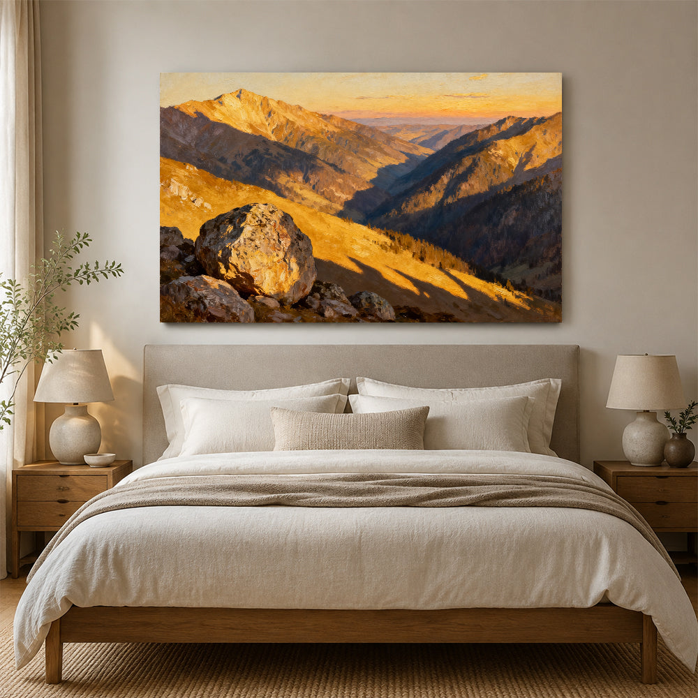 Golden Canyon Ridges canvas wall art, bedroom mockup above a bed.