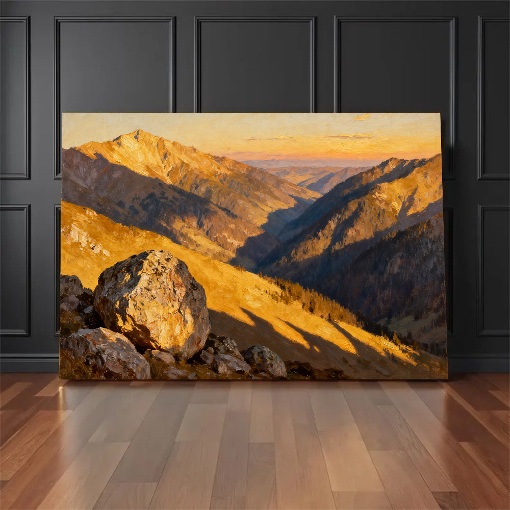 Golden Canyon Ridges canvas wall art, floor display against a dark wall.