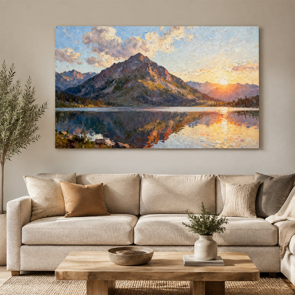 Still Mountain Lake canvas wall art, living room mockup above a sofa.