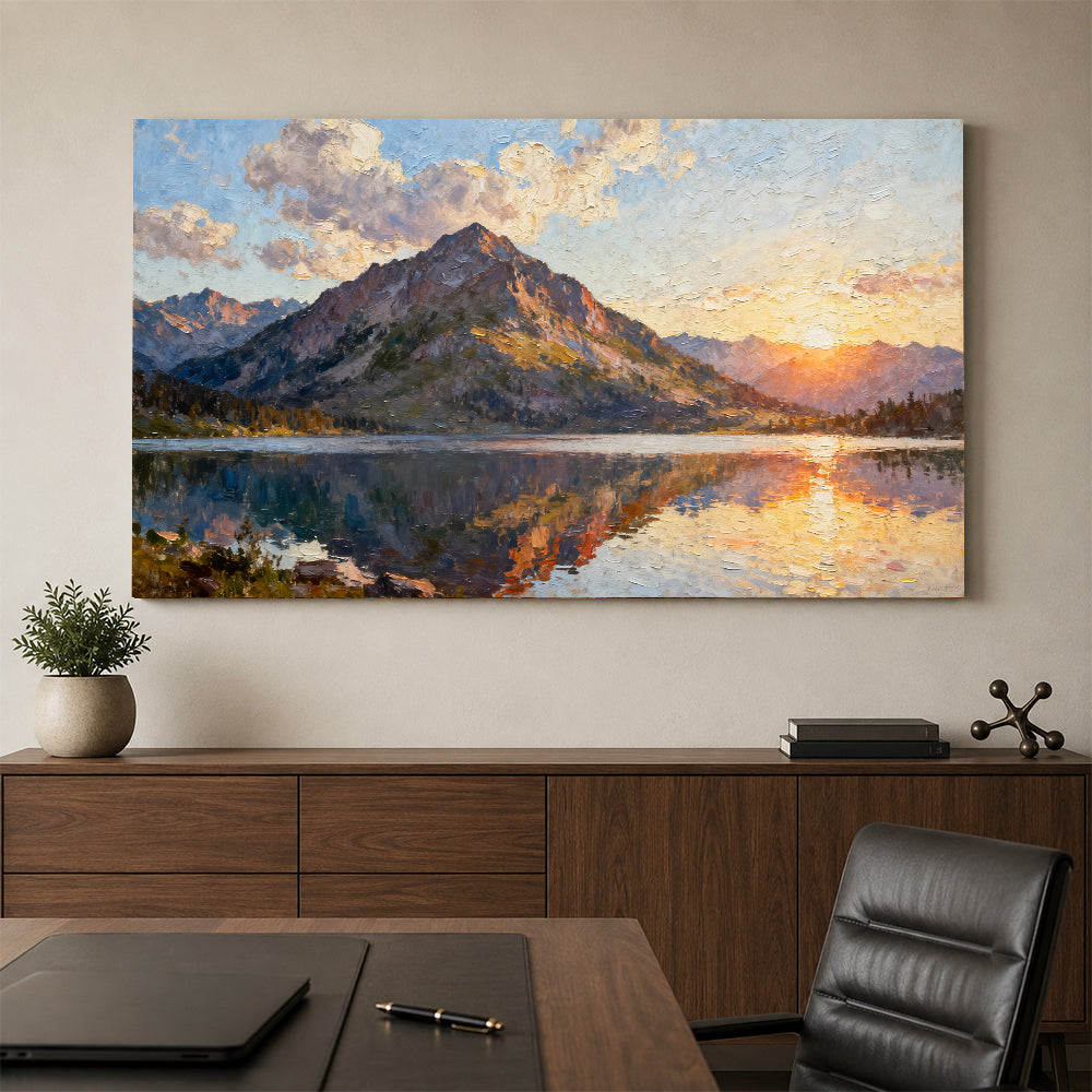 Still Mountain Lake canvas wall art, office mockup above a desk.