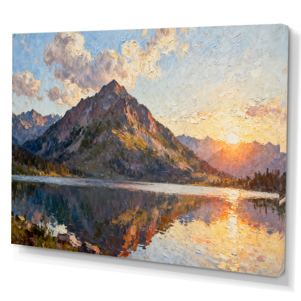 Still Mountain Lake canvas wall art, angled canvas mockup on a white background.