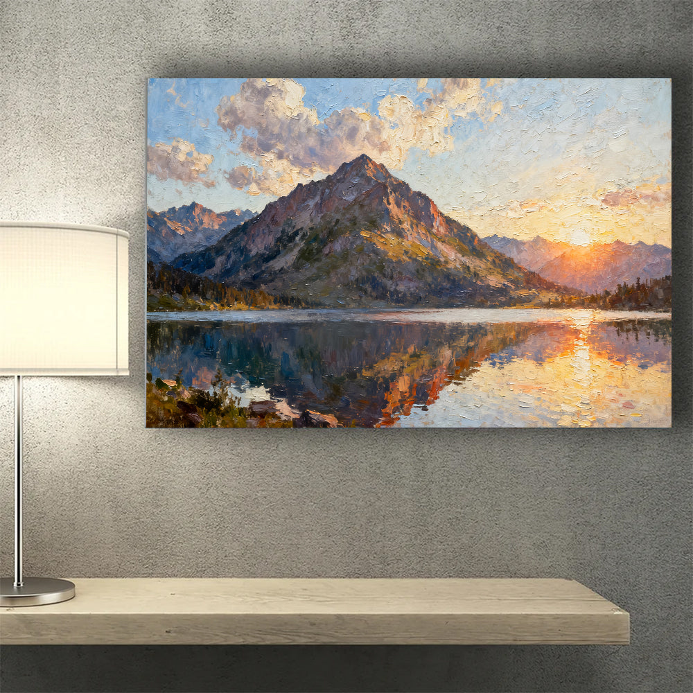 Still Mountain Lake canvas wall art, wall mockup above a console.