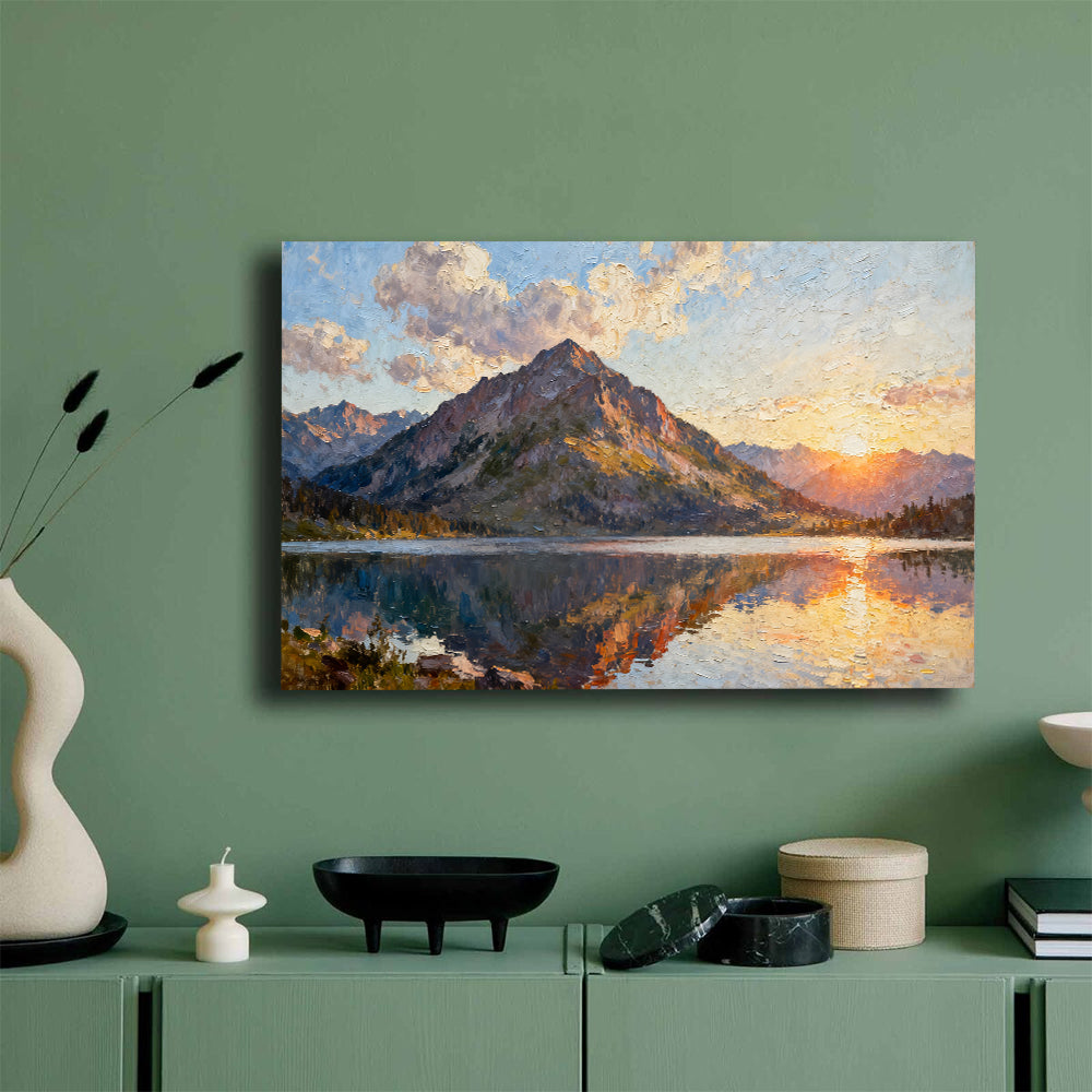 Still Mountain Lake canvas wall art, mockup on a green wall.