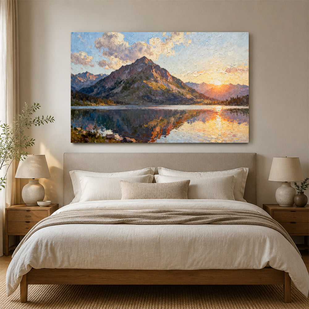 Still Mountain Lake canvas wall art, bedroom mockup above a bed.