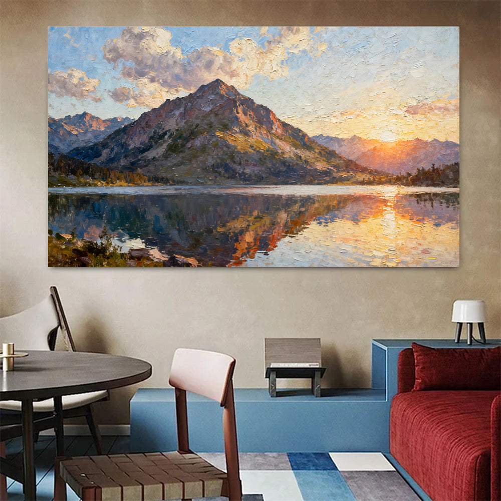 Still Mountain Lake canvas wall art, colorful room mockup.