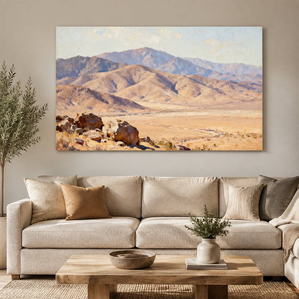 Desert Mountain Basin canvas wall art, living room mockup above a sofa.