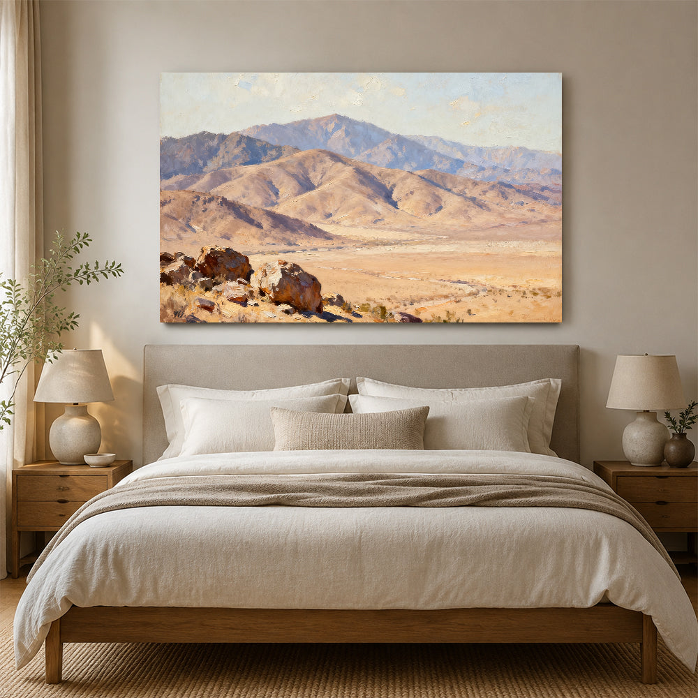 Desert Mountain Basin canvas wall art, bedroom mockup above a bed.
