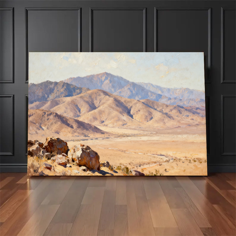 Desert Mountain Basin canvas wall art, floor display against a dark wall.