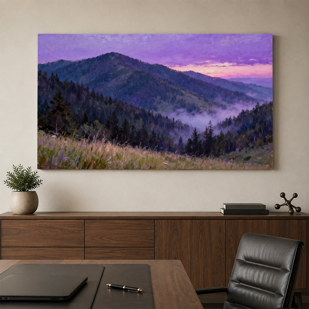 Violet Forest Mountain canvas wall art, office mockup above a desk.