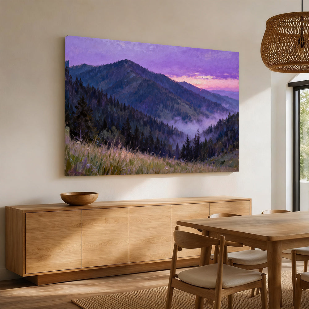 Violet Forest Mountain canvas wall art, angled mockup above a sideboard.