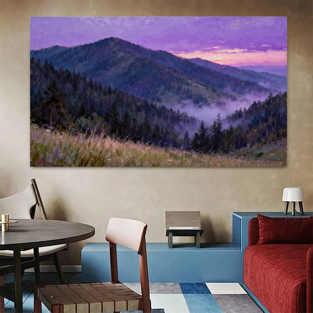 Violet Forest Mountain canvas wall art, colorful room mockup.