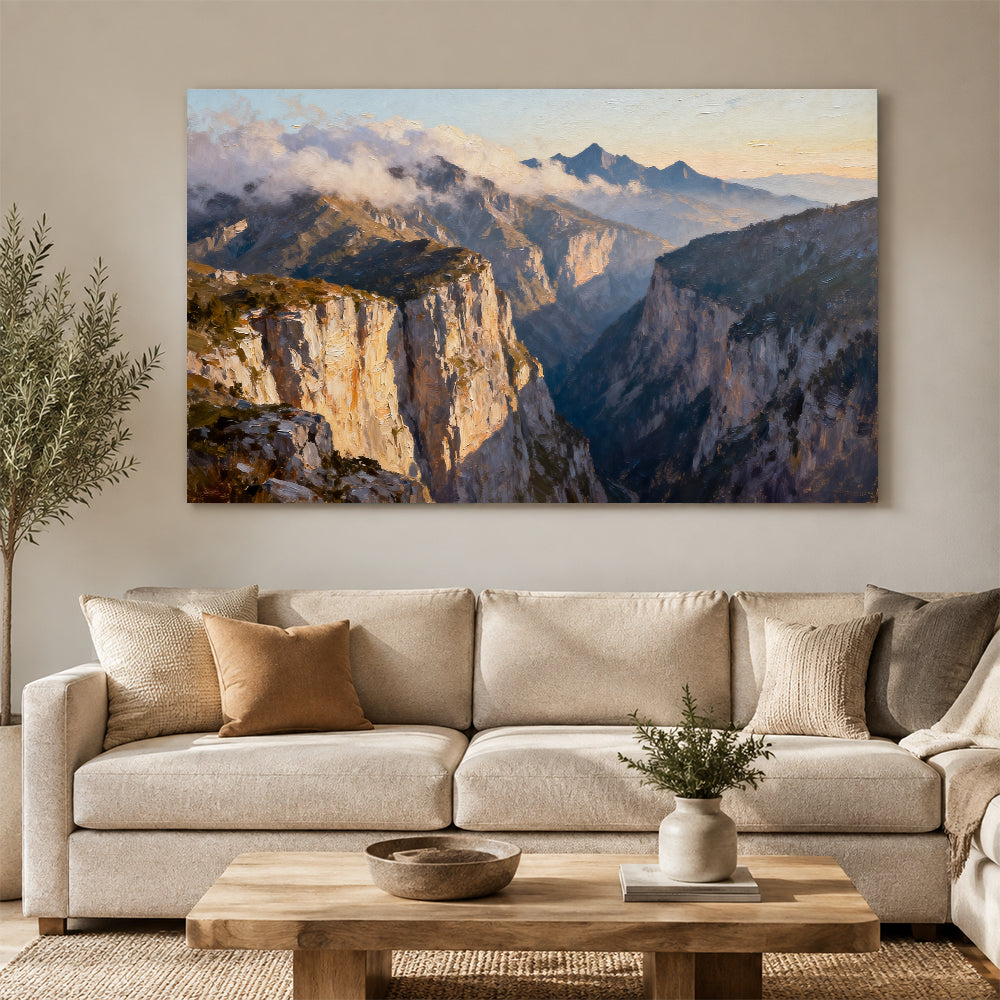Sunlit Granite Canyon canvas wall art, living room mockup above a sofa.