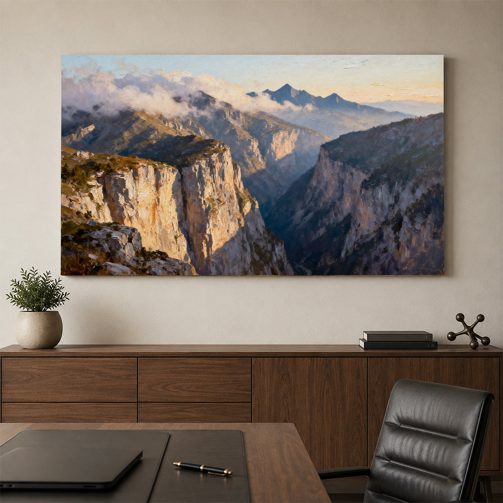 Sunlit Granite Canyon canvas wall art, office mockup above a desk.