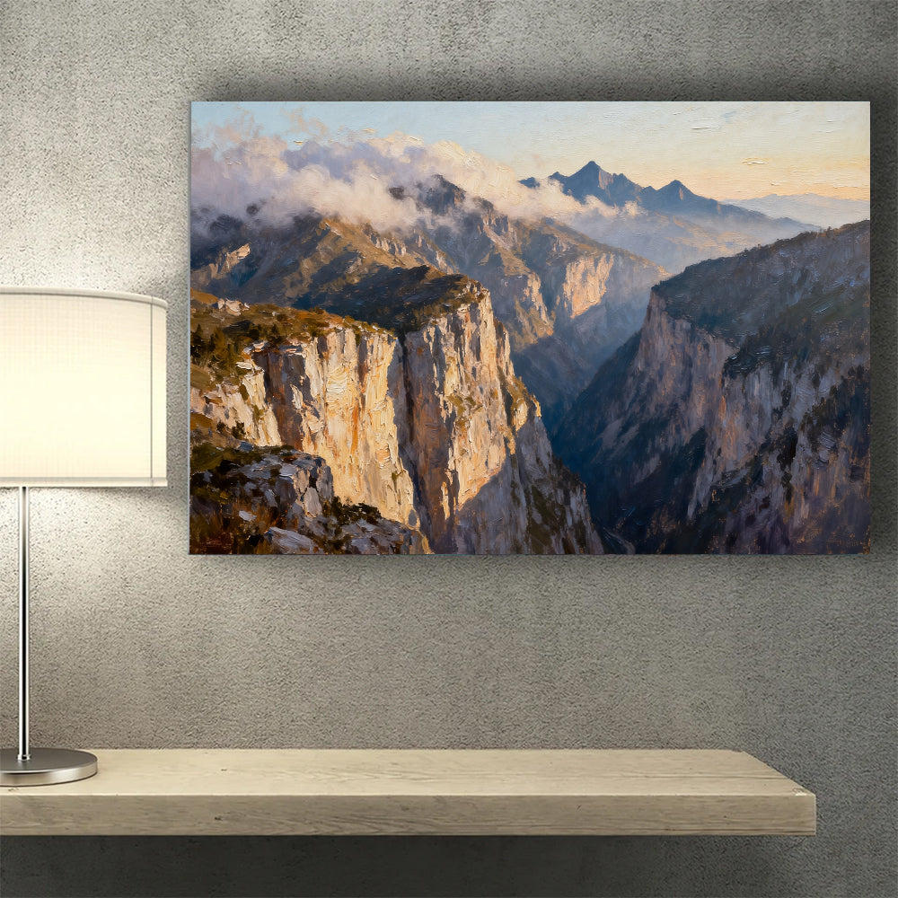 Sunlit Granite Canyon canvas wall art, wall mockup above a console.