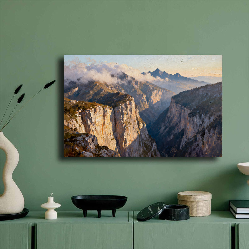 Sunlit Granite Canyon canvas wall art, mockup on a green wall.