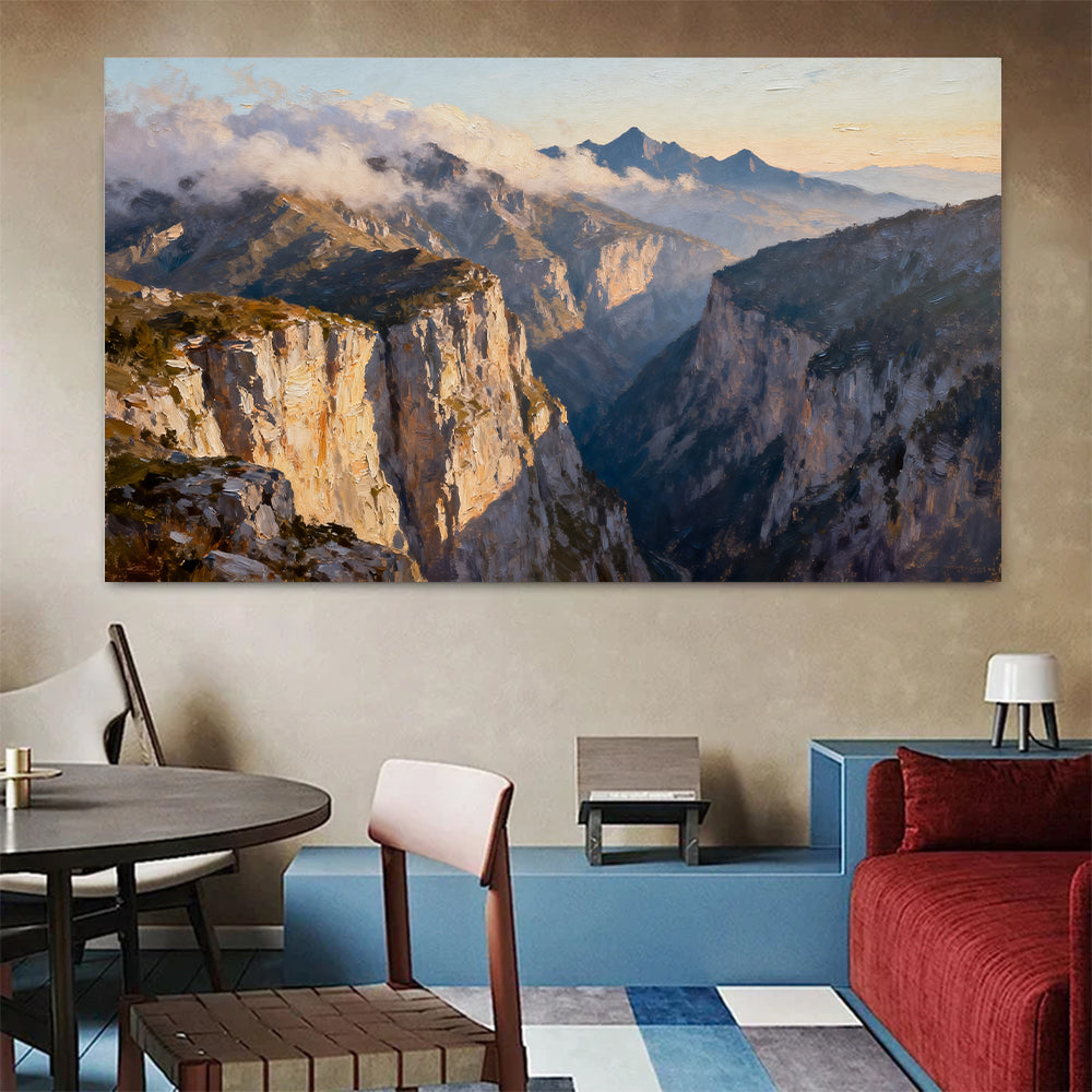 Sunlit Granite Canyon canvas wall art, colorful room mockup.