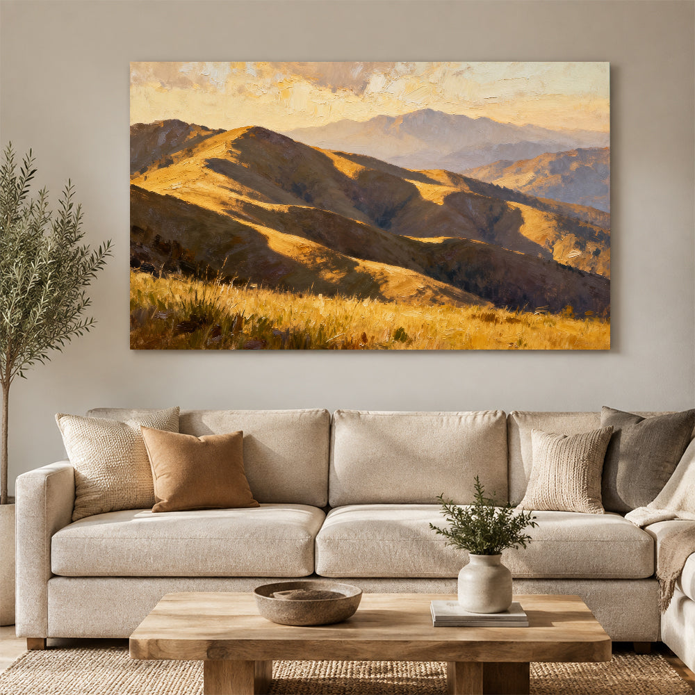 Golden Rolling Mountains canvas wall art, living room mockup above a sofa.