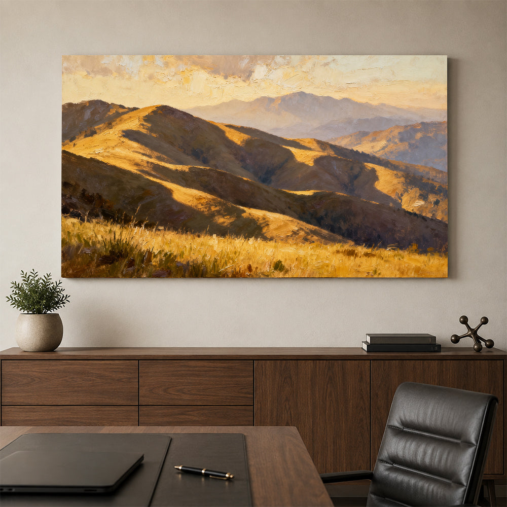 Golden Rolling Mountains canvas wall art, office mockup above a desk.