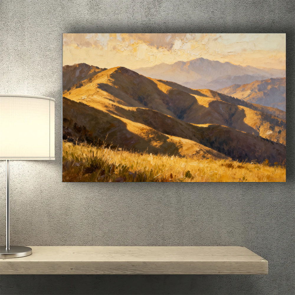Golden Rolling Mountains canvas wall art, wall mockup above a console.