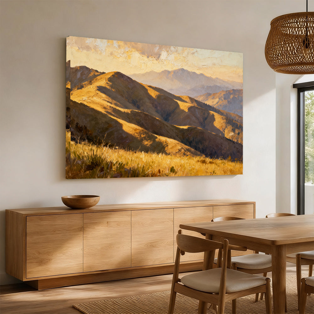 Golden Rolling Mountains canvas wall art, angled mockup above a sideboard.