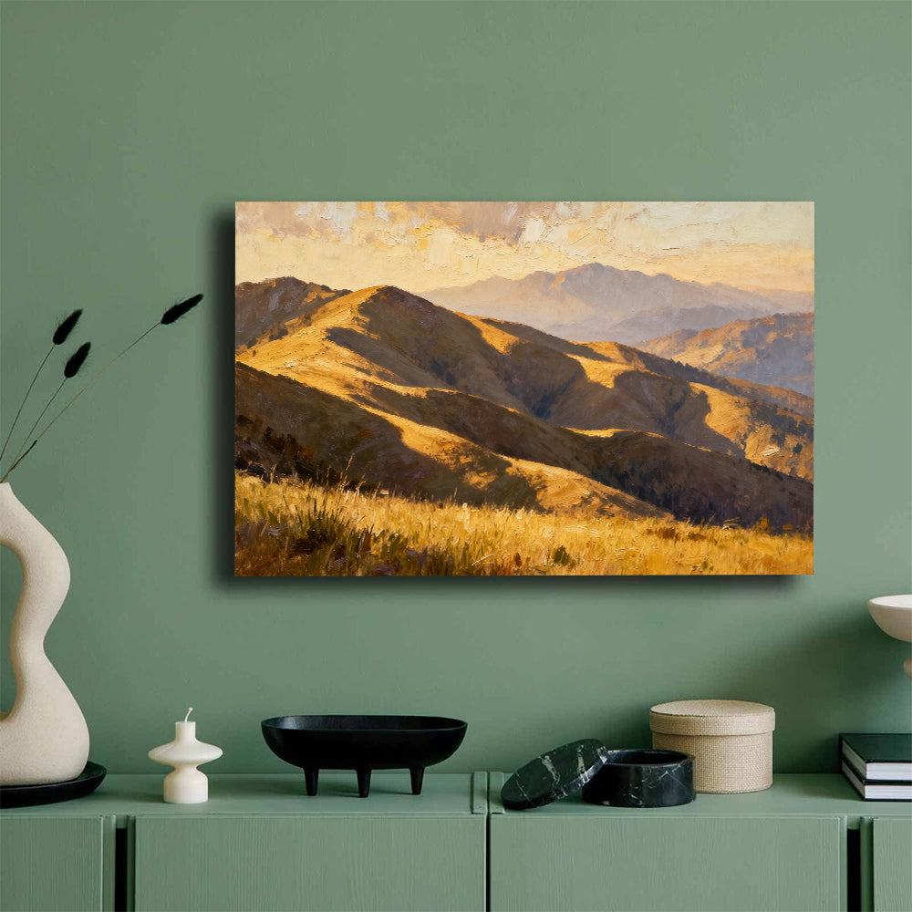 Golden Rolling Mountains canvas wall art, mockup on a green wall.