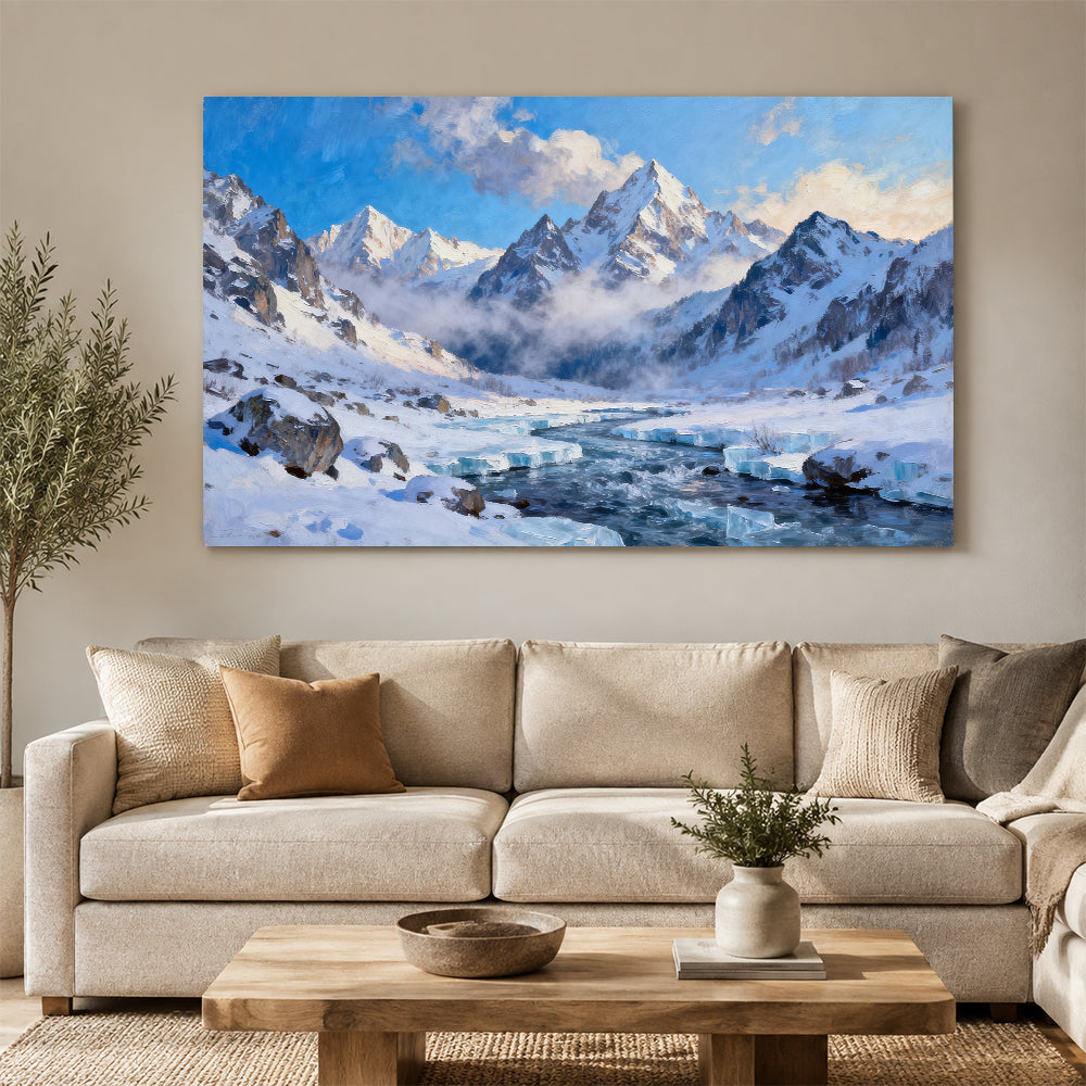 Glacial Stream Peaks canvas wall art, living room mockup above a sofa.