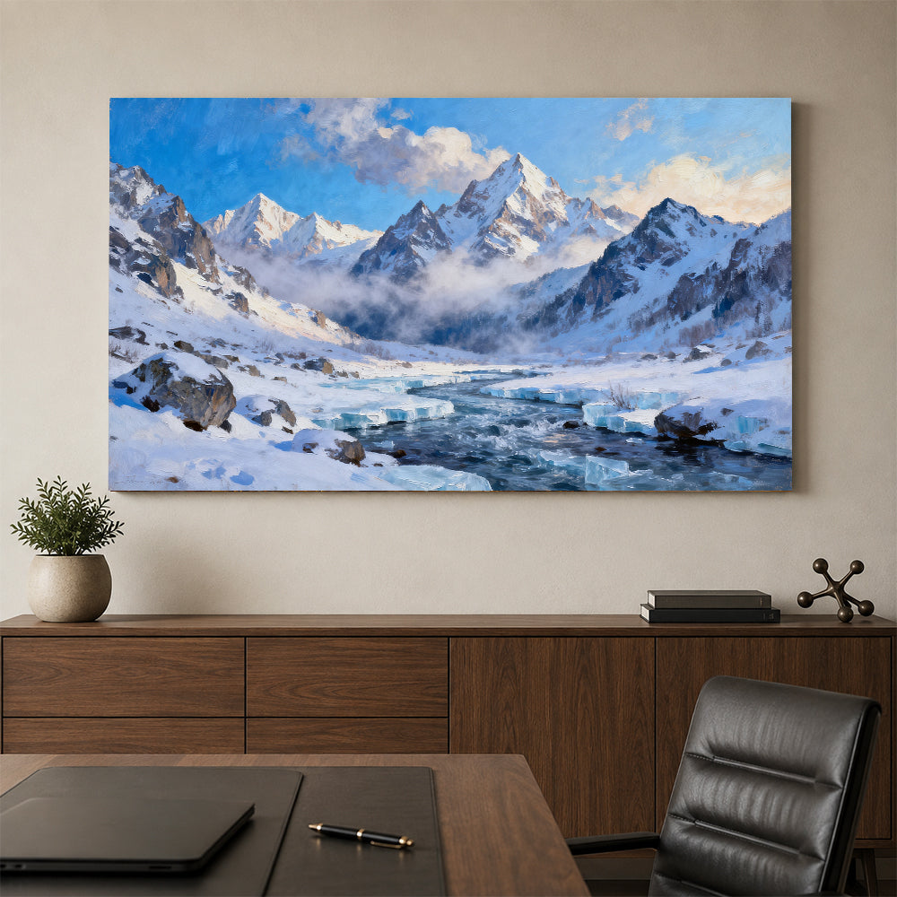 Glacial Stream Peaks canvas wall art, office mockup above a desk.