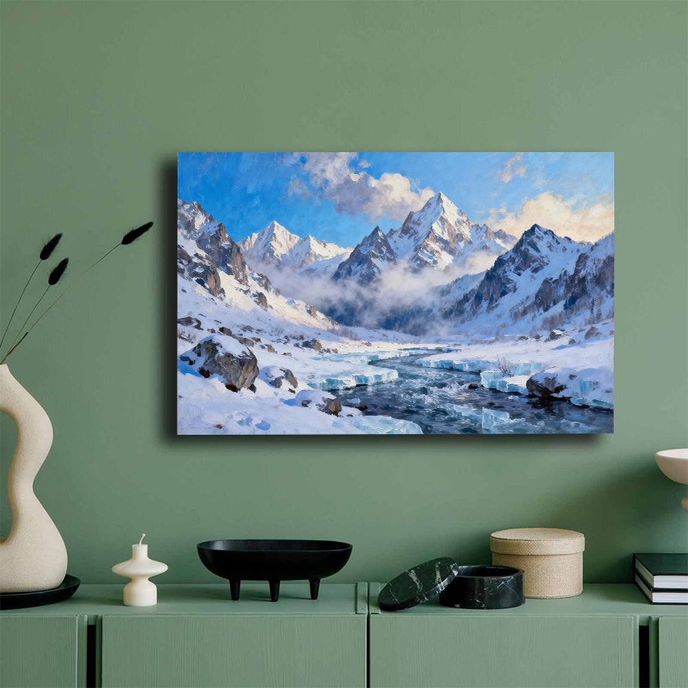 Glacial Stream Peaks canvas wall art, mockup on a green wall.