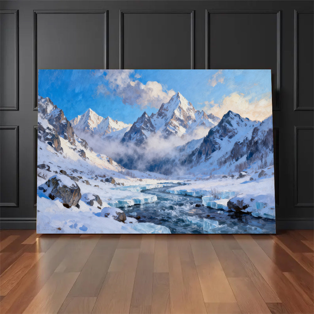 Glacial Stream Peaks canvas wall art, floor display against a dark wall.