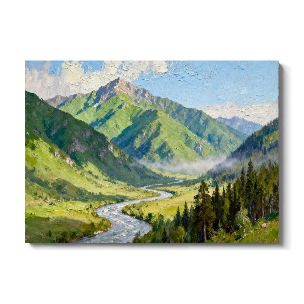 Green Alpine River canvas wall art, front view on a white background.
