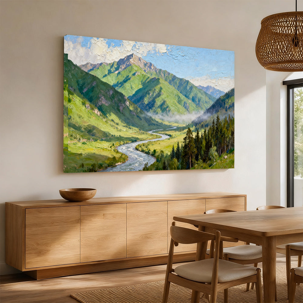 Green Alpine River canvas wall art, angled mockup above a sideboard.