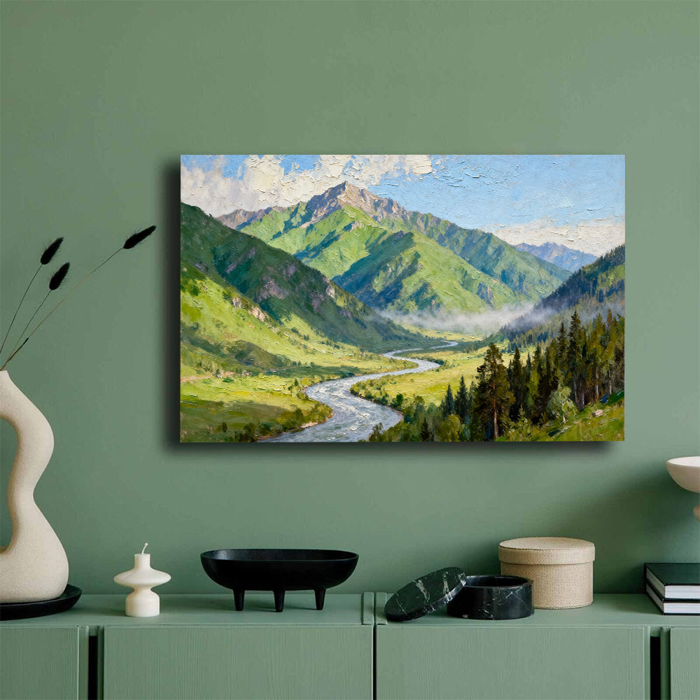 Green Alpine River canvas wall art, mockup on a green wall.