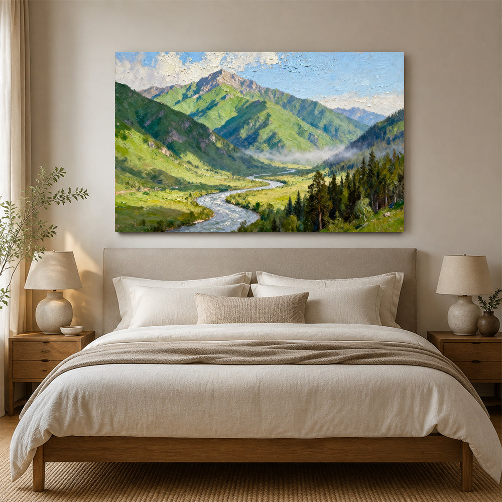 Green Alpine River canvas wall art, bedroom mockup above a bed.