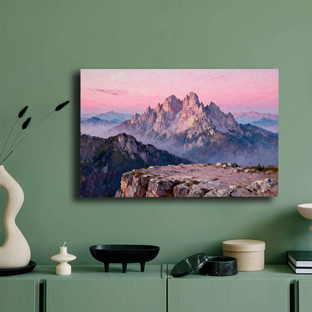 Rose Granite Crown canvas wall art, mockup on a green wall.