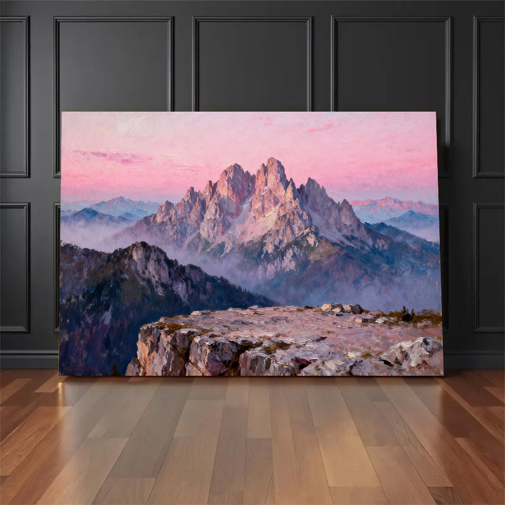Rose Granite Crown canvas wall art, floor display against a dark wall.