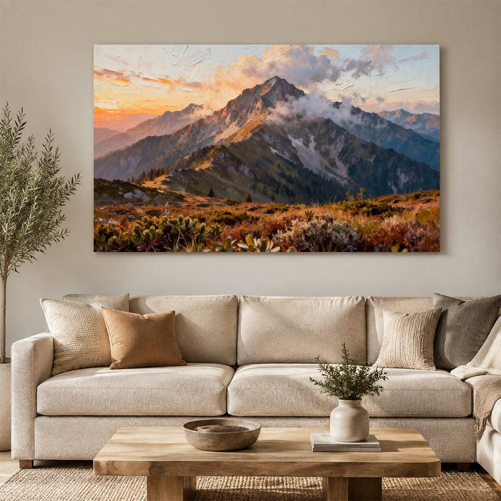 Cloud Wrapped Summit canvas wall art, living room mockup above a sofa.