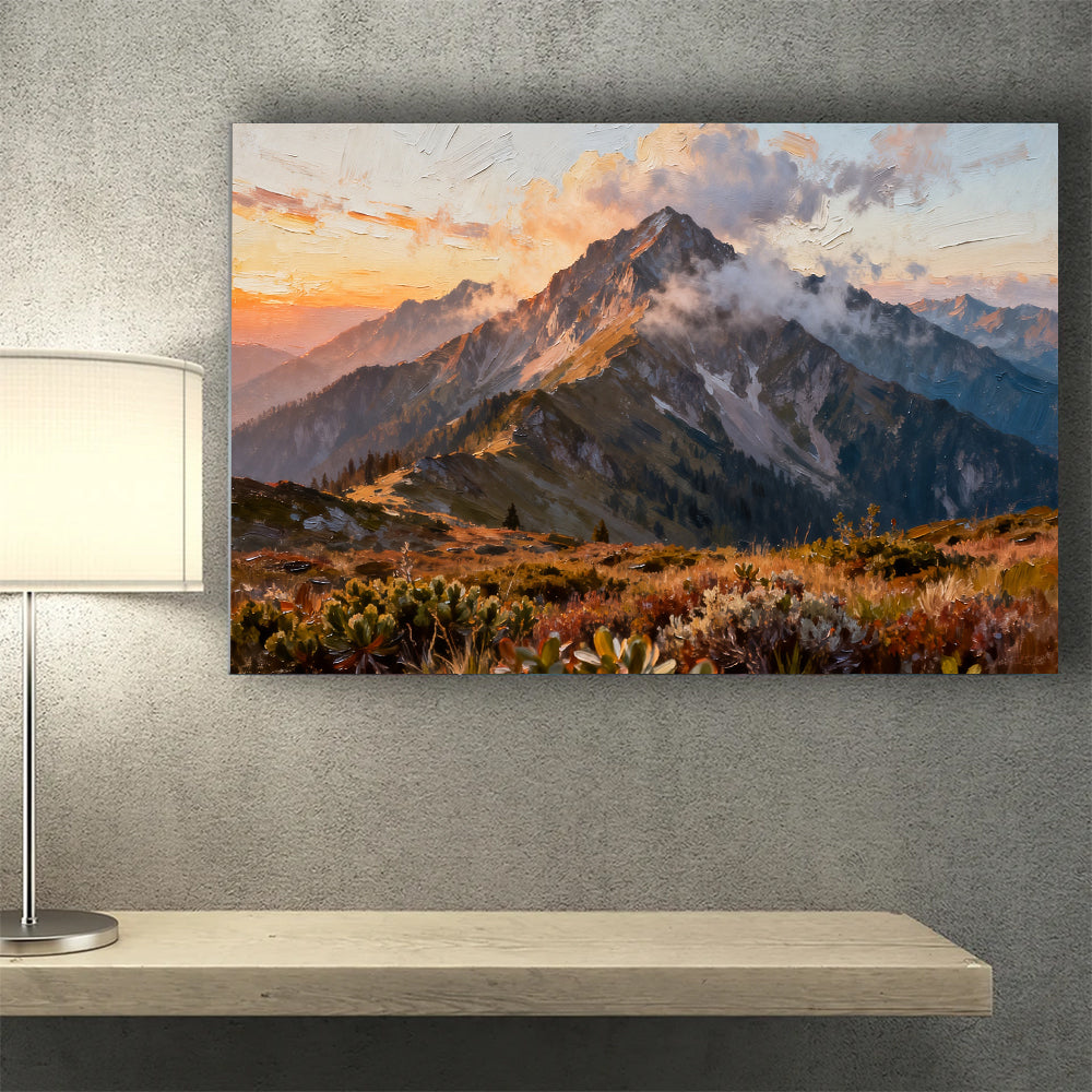 Cloud Wrapped Summit canvas wall art, wall mockup above a console.