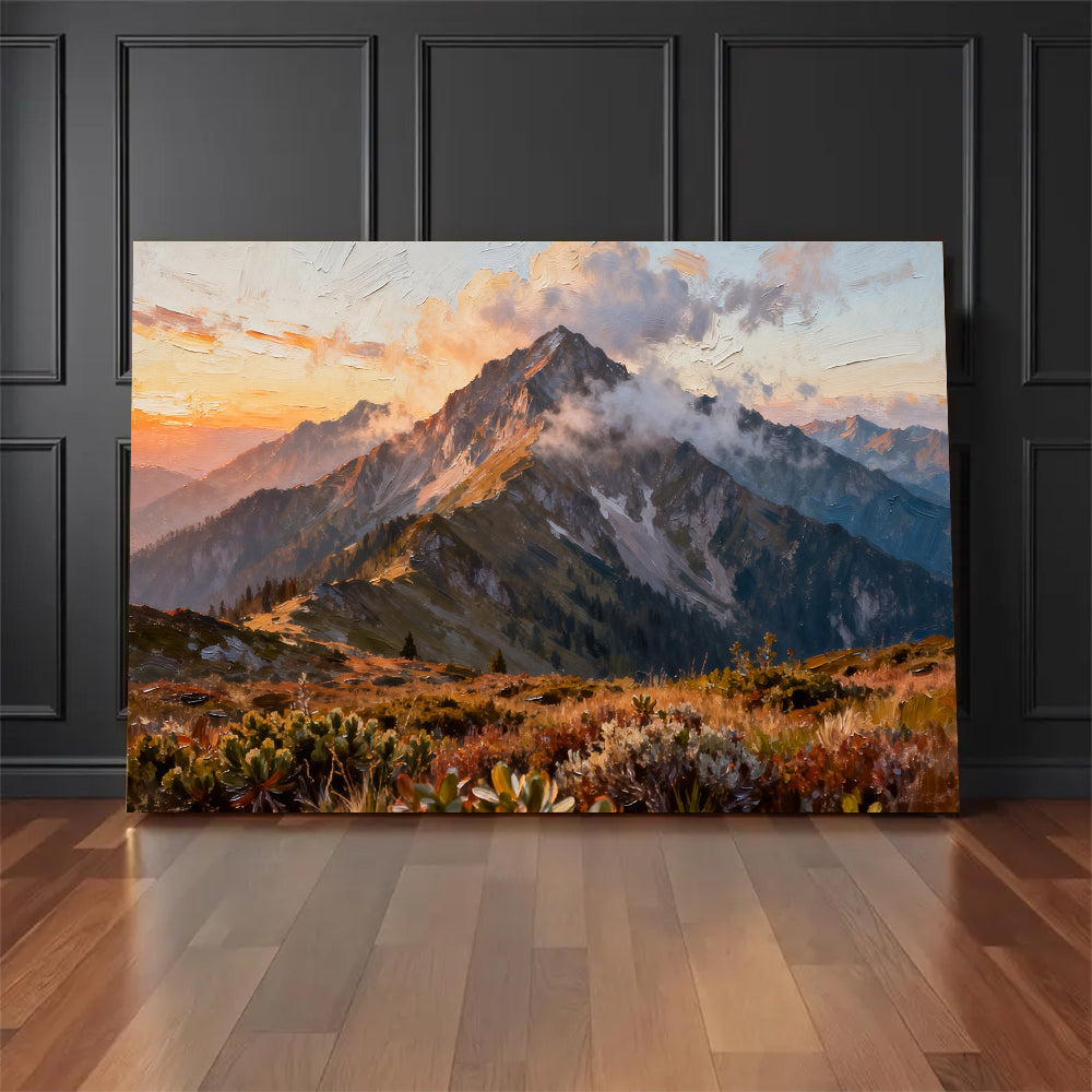 Cloud Wrapped Summit canvas wall art, floor display against a dark wall.