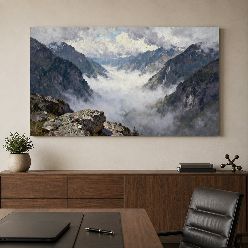 Misty High Mountain Pass canvas wall art, office mockup above a desk.