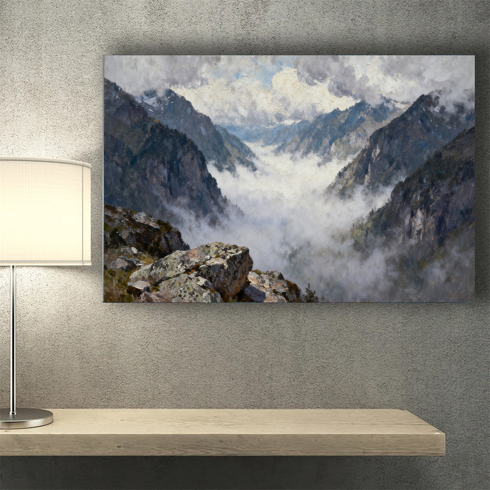 Misty High Mountain Pass canvas wall art, wall mockup above a console.