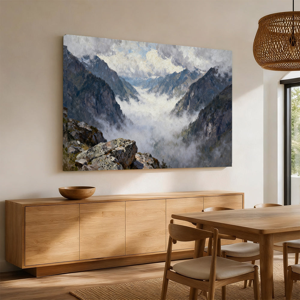 Misty High Mountain Pass canvas wall art, angled mockup above a sideboard.