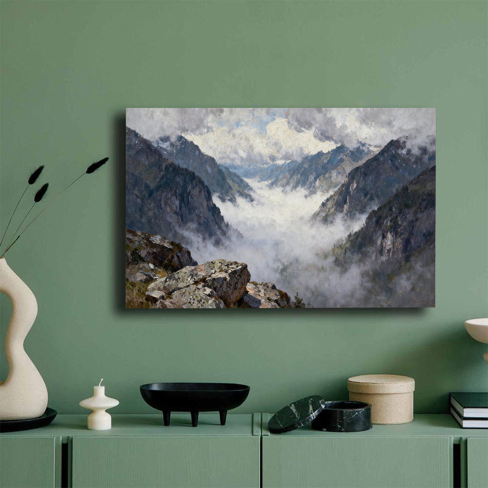 Misty High Mountain Pass canvas wall art, mockup on a green wall.