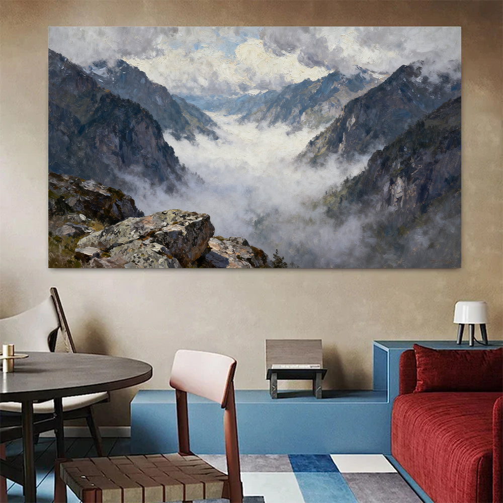 Misty High Mountain Pass canvas wall art, colorful room mockup.