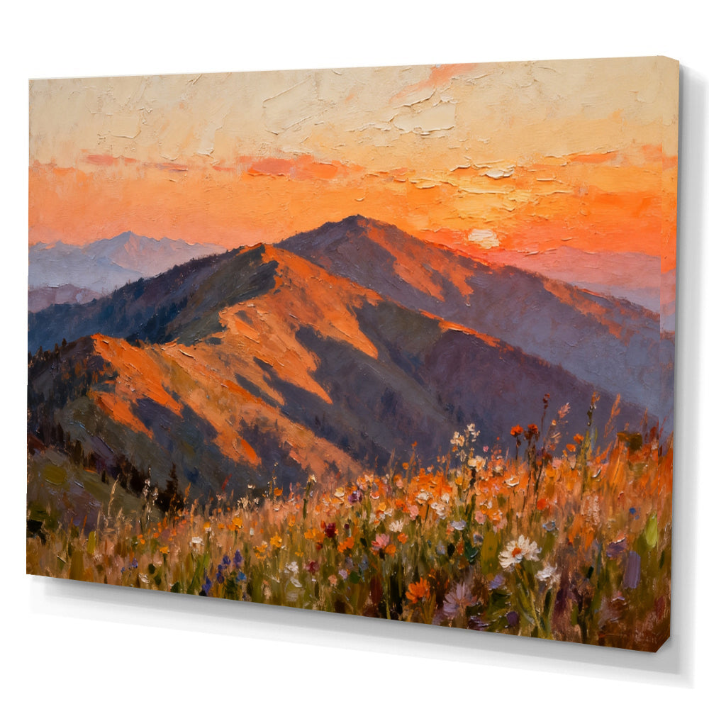 Sunset Mountain Wildflowers canvas wall art, angled canvas mockup on a white background.