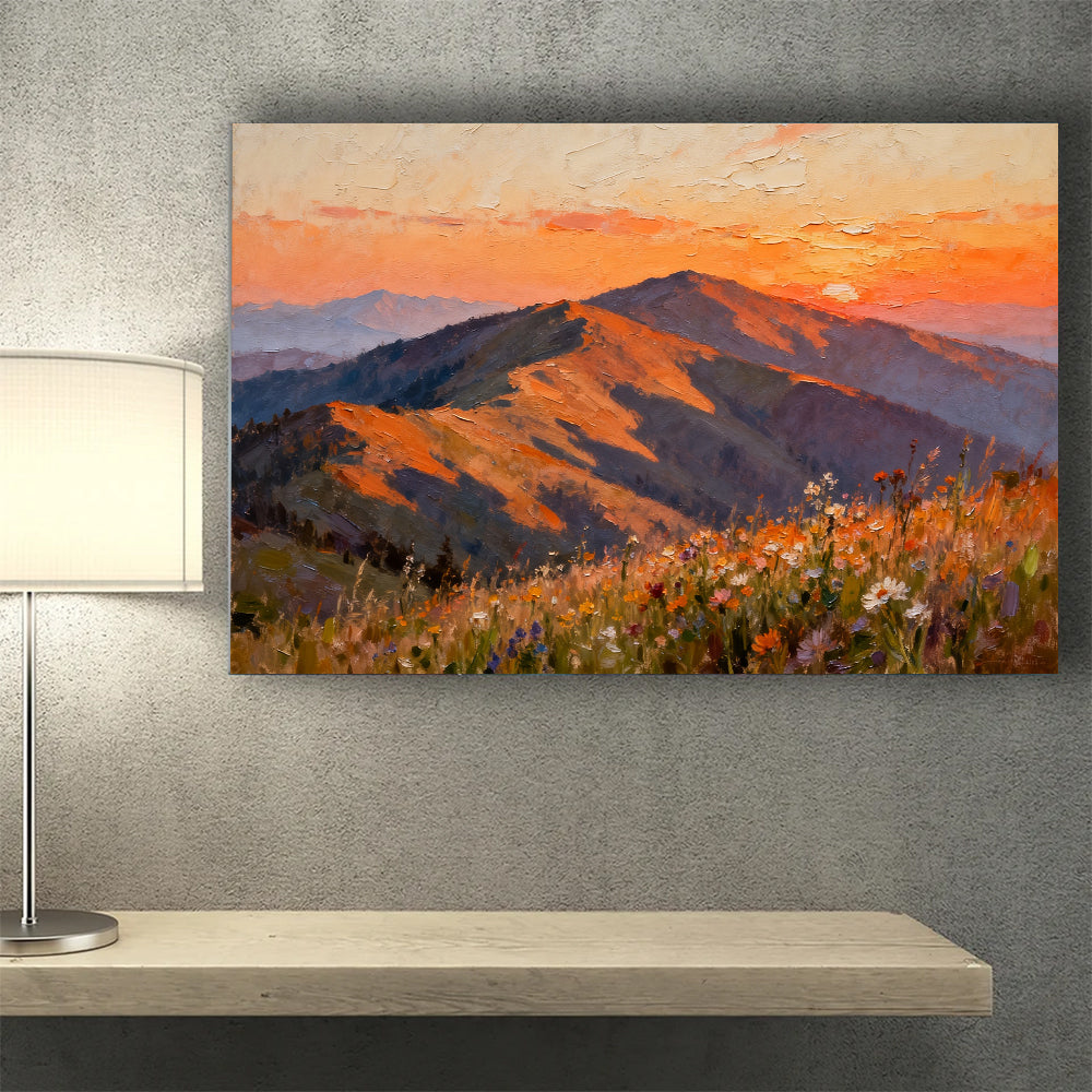 Sunset Mountain Wildflowers canvas wall art, wall mockup above a console.