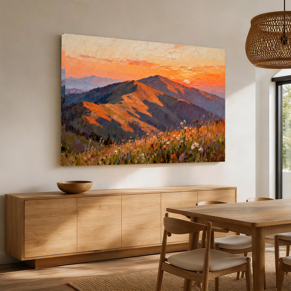 Sunset Mountain Wildflowers canvas wall art, angled mockup above a sideboard.