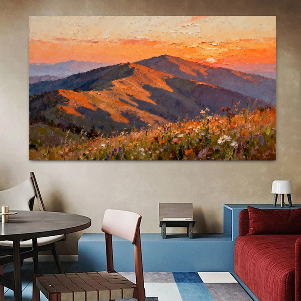 Sunset Mountain Wildflowers canvas wall art, colorful room mockup.