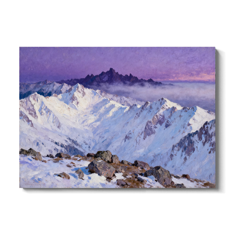 Violet Sky Snow Ridges canvas wall art, front view on a white background.