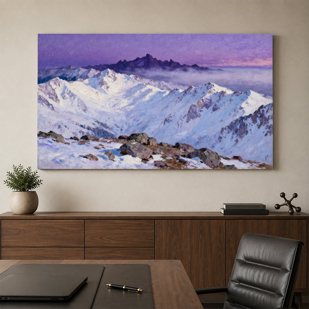Violet Sky Snow Ridges canvas wall art, office mockup above a desk.